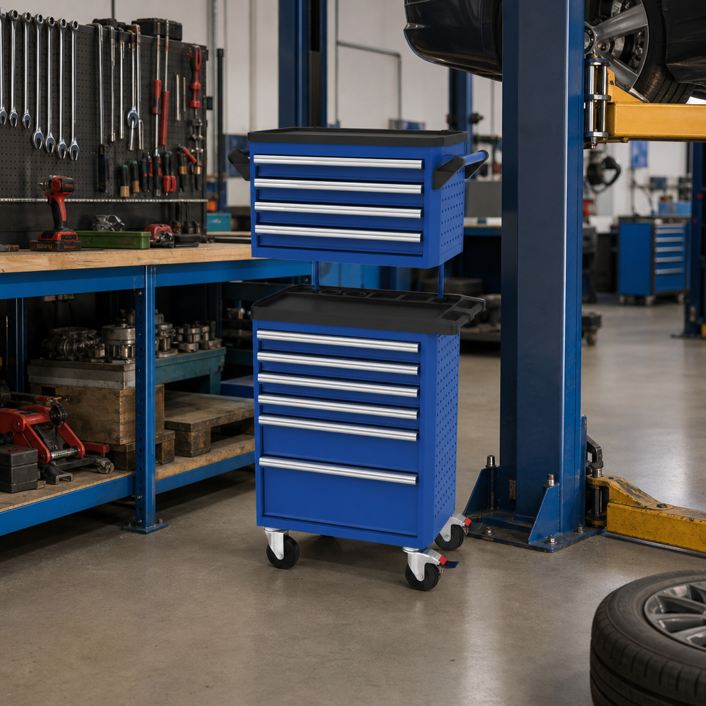 Mobile Tool Trolley With Top Box and Drawer Storage