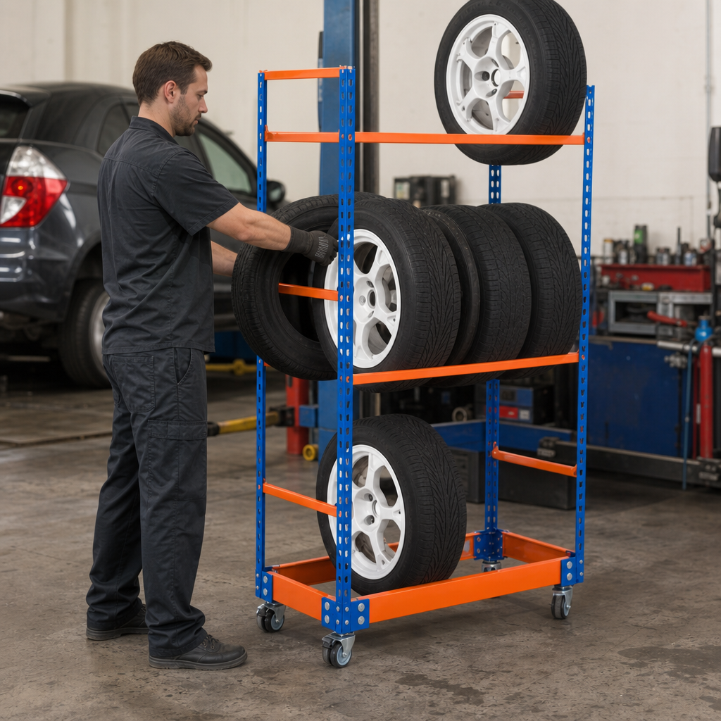 Mobile Tyre Storage Rack with 3 Shelves 1700h x 915w x 455d