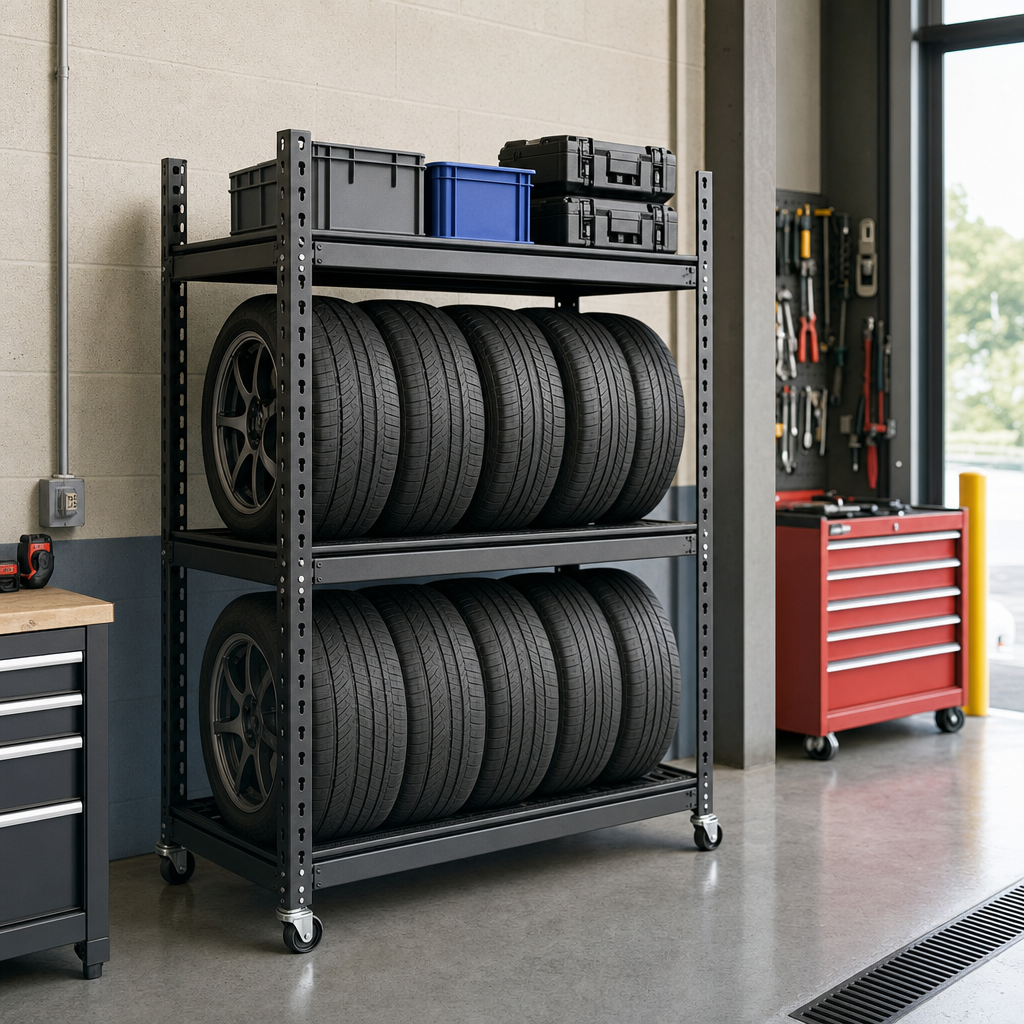 Mobile Tyre Storage Rack with 3 Shelves 1700h x 915w x 455d