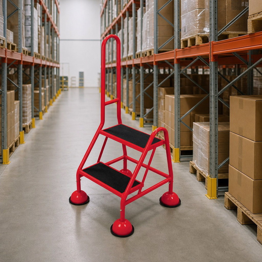 Mobile Warehouse Step Ladder with Platform and Handrails