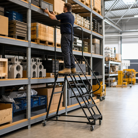 Mobile Warehouse Step Ladder with Platform and Handrails