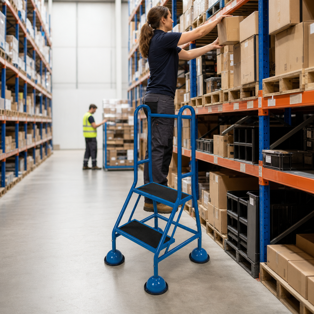 Mobile Warehouse Step Ladders with Guardrail and Anti-Slip Treads