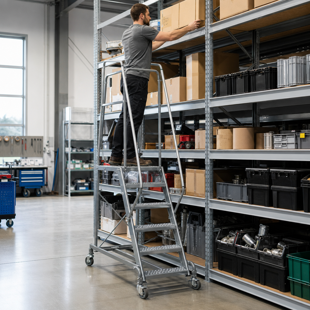 Mobile Warehouse Step Ladders with Guardrail and Anti-Slip Treads