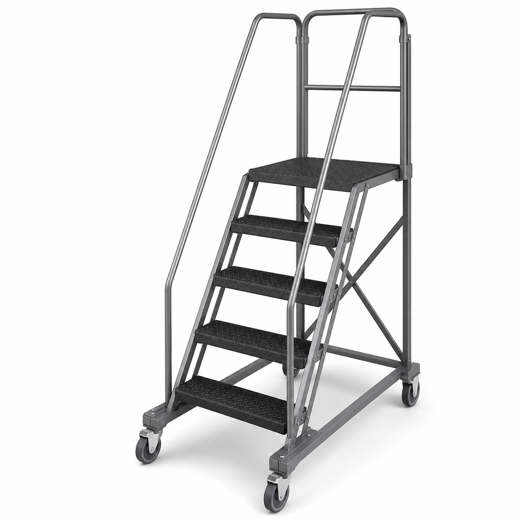 Mobile Warehouse Step Ladders with Guardrail and Anti-Slip Treads