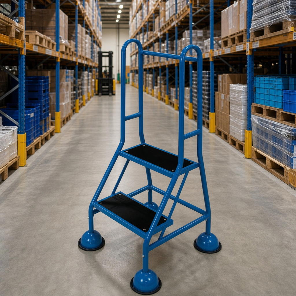 Mobile Warehouse Step Ladders with Guardrail and Rubber Treads