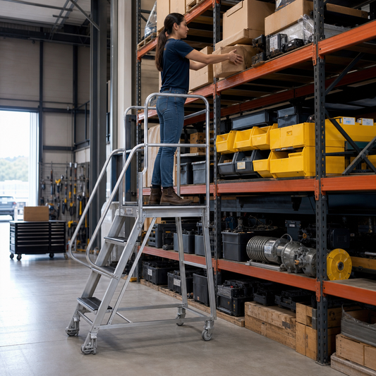 Mobile Warehouse Step Ladders with Guardrail and Rubber Treads