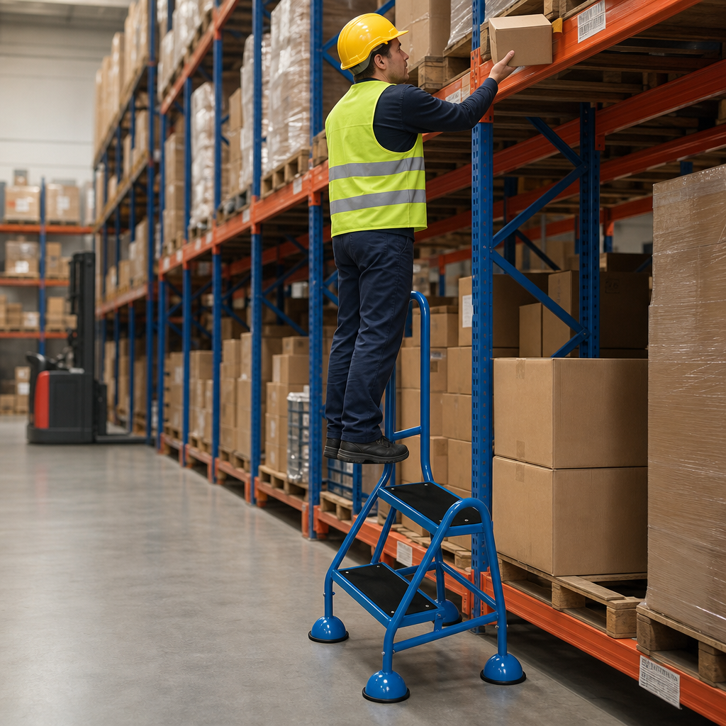 Mobile Warehouse Step Ladders with Handle and Rubber Treads