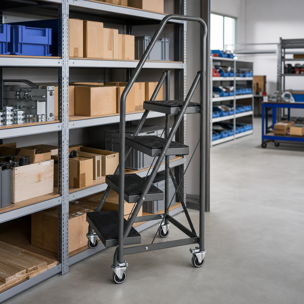 Mobile Warehouse Step Ladders with Handle and Rubber Treads
