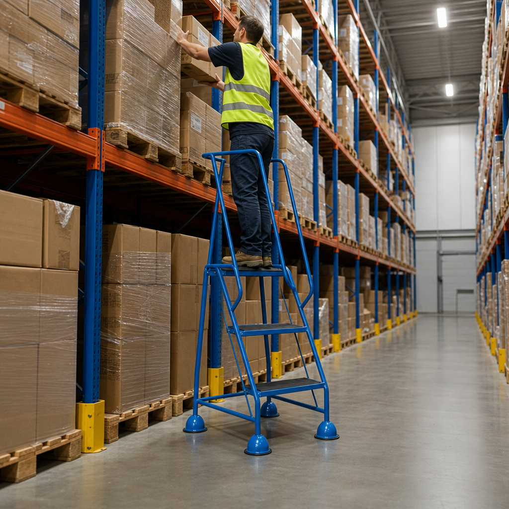 Mobile Warehouse Step Ladders with Rubber Treads and Domed Feet