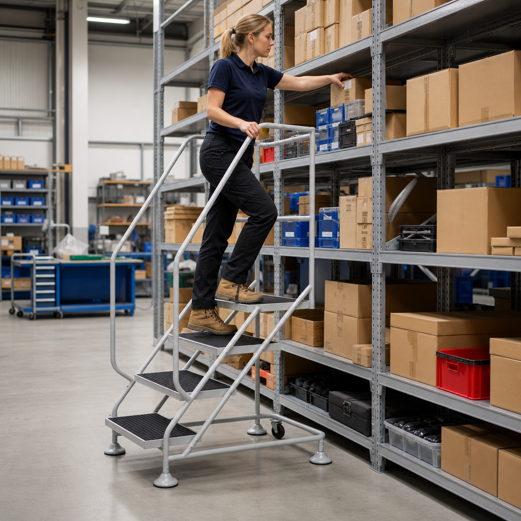 Mobile Warehouse Steps with Domed Feet and Rubber Treads