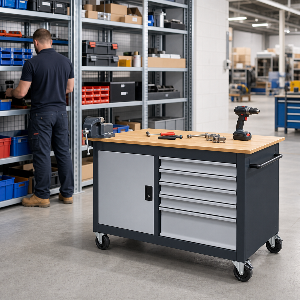 Mobile Workbench with Cupboard and 5 Drawers