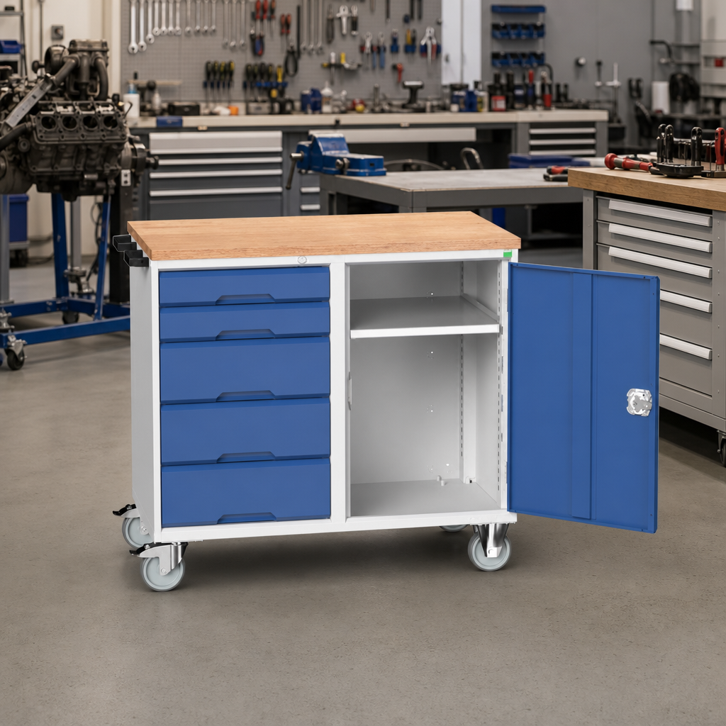 Mobile Workbench with Cupboard and 5 Drawers