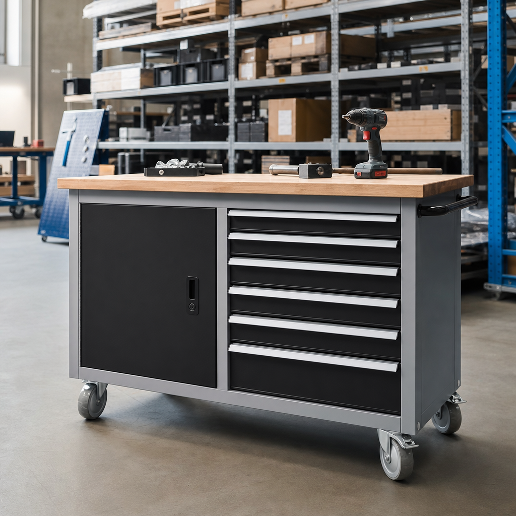 Mobile Workbench with Cupboard and 6 Drawers