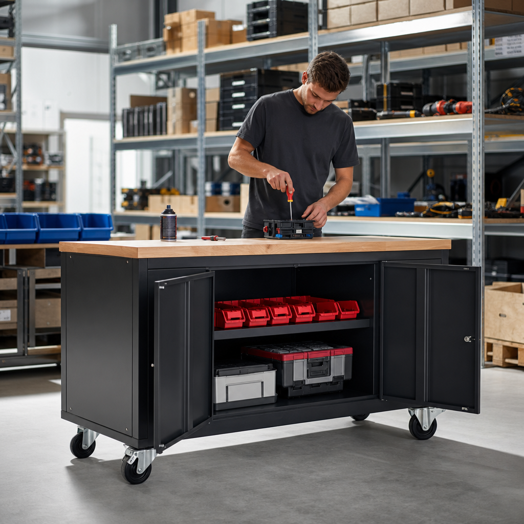 Mobile Workbench with Cupboards and Beech or Tray Top