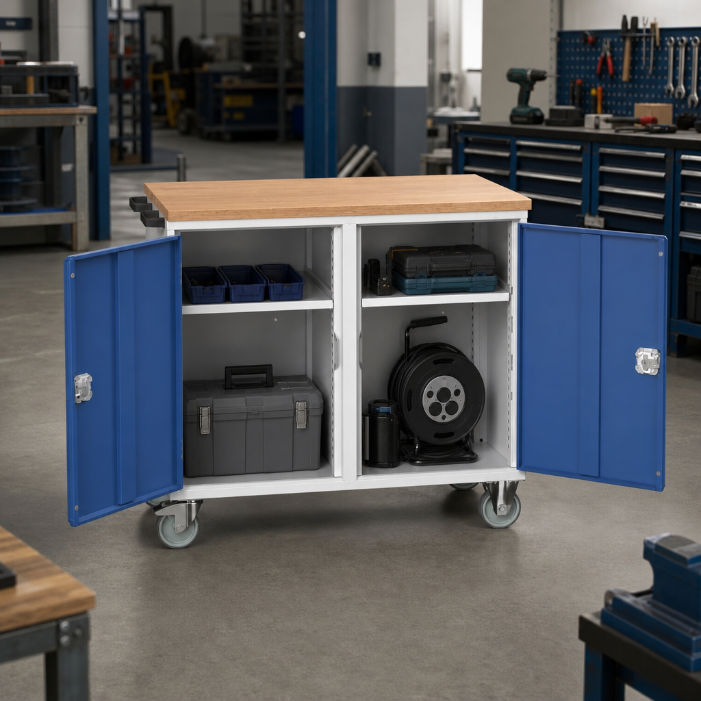 Mobile Workbench with Cupboards and Beech or Tray Top