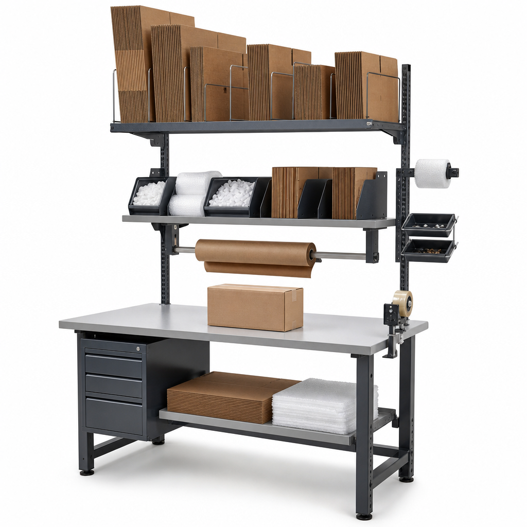Modular Packing Bench Shelves and Accessories