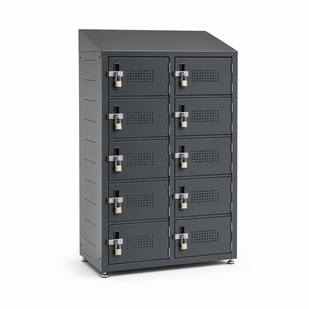 Multi-Door Charging Locker with Hasp Locks and Sloping Top