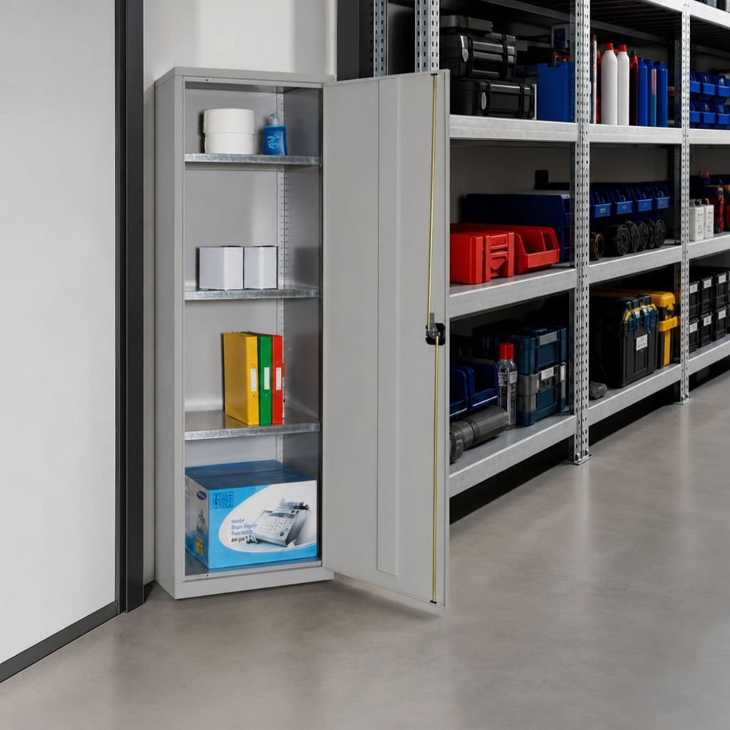 Narrow Lockable Steel Storage Cupboard with 3 Shelves