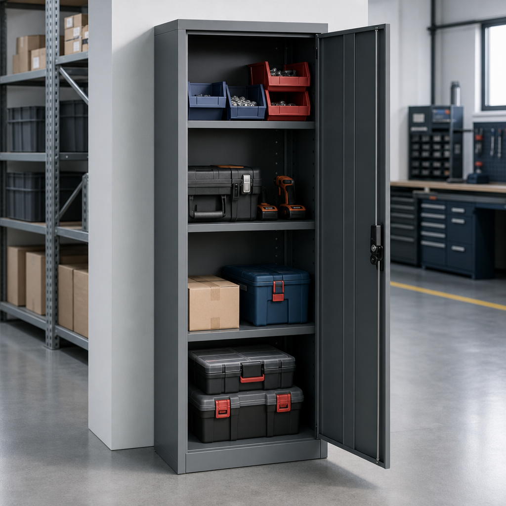 Narrow Lockable Steel Storage Cupboard with 3 Shelves