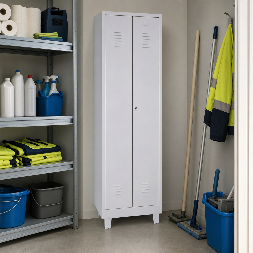 Narrow Steel Janitorial Cupboard with Wardrobe and Compartments