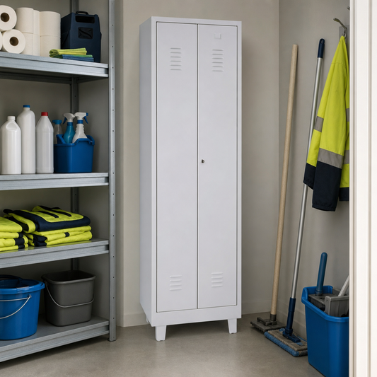 Narrow Steel Janitorial Cupboard with Wardrobe and Compartments