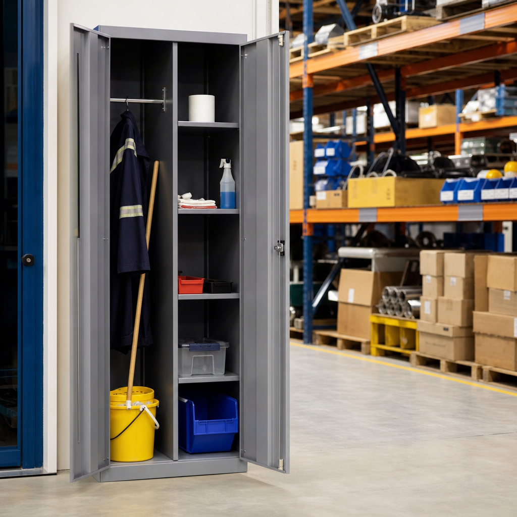 Narrow Steel Janitorial Cupboard with Wardrobe and Compartments