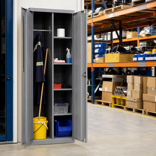 Narrow Steel Janitorial Cupboard with Wardrobe and Compartments