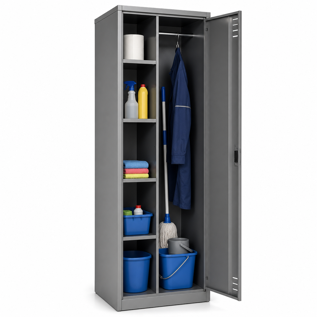 Narrow Steel Janitorial Cupboard with Wardrobe and Compartments
