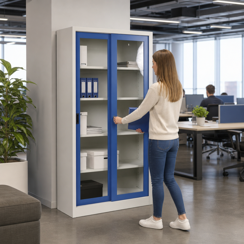 Office Storage Cupboard with Clear Plexiglass Sliding Doors