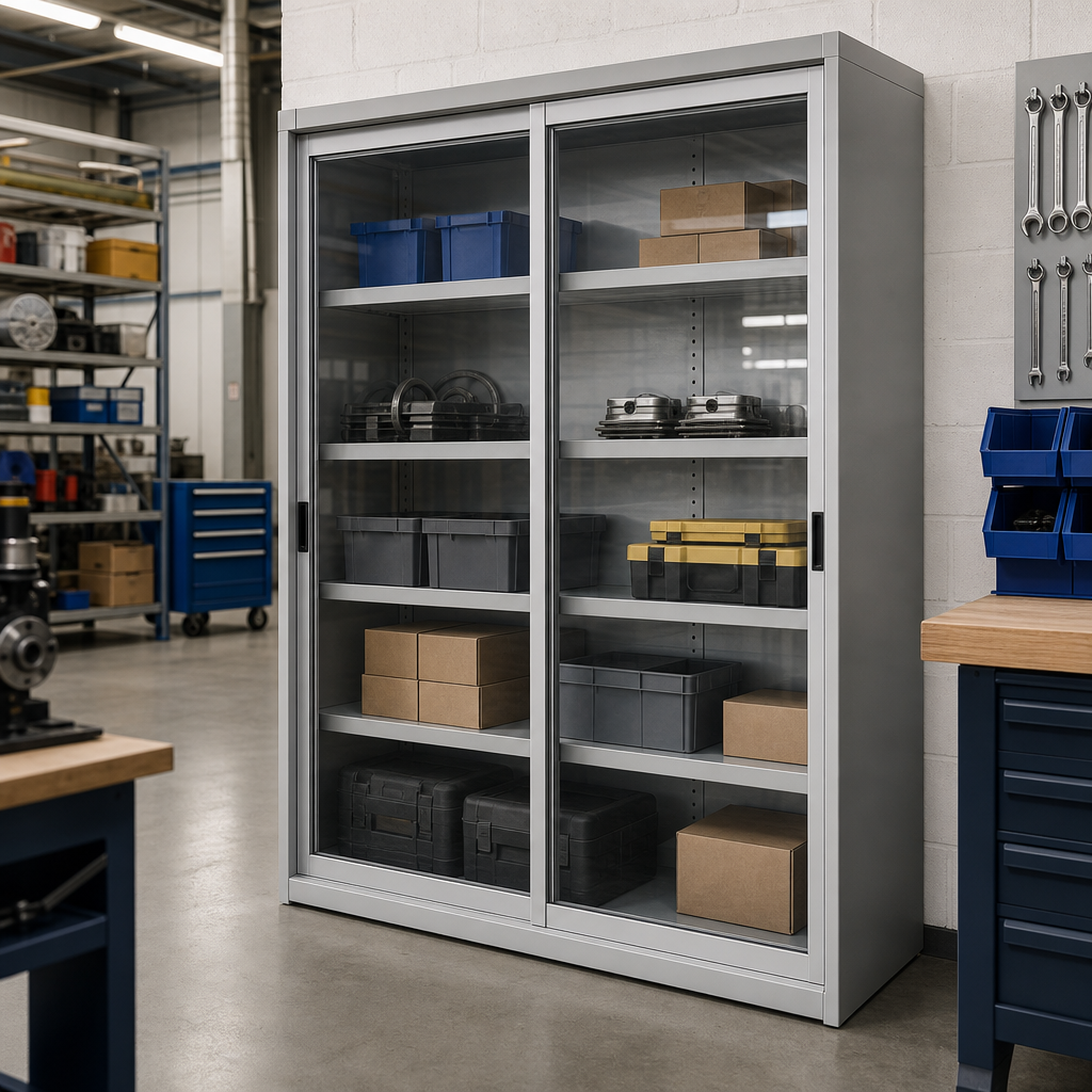Office Storage Cupboard with Clear Plexiglass Sliding Doors