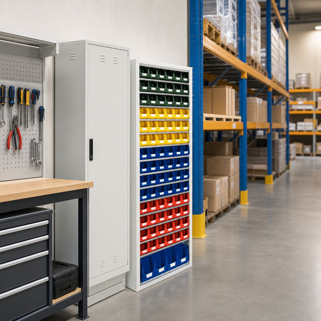 Open Small Parts Cupboard with Bins and Shelves