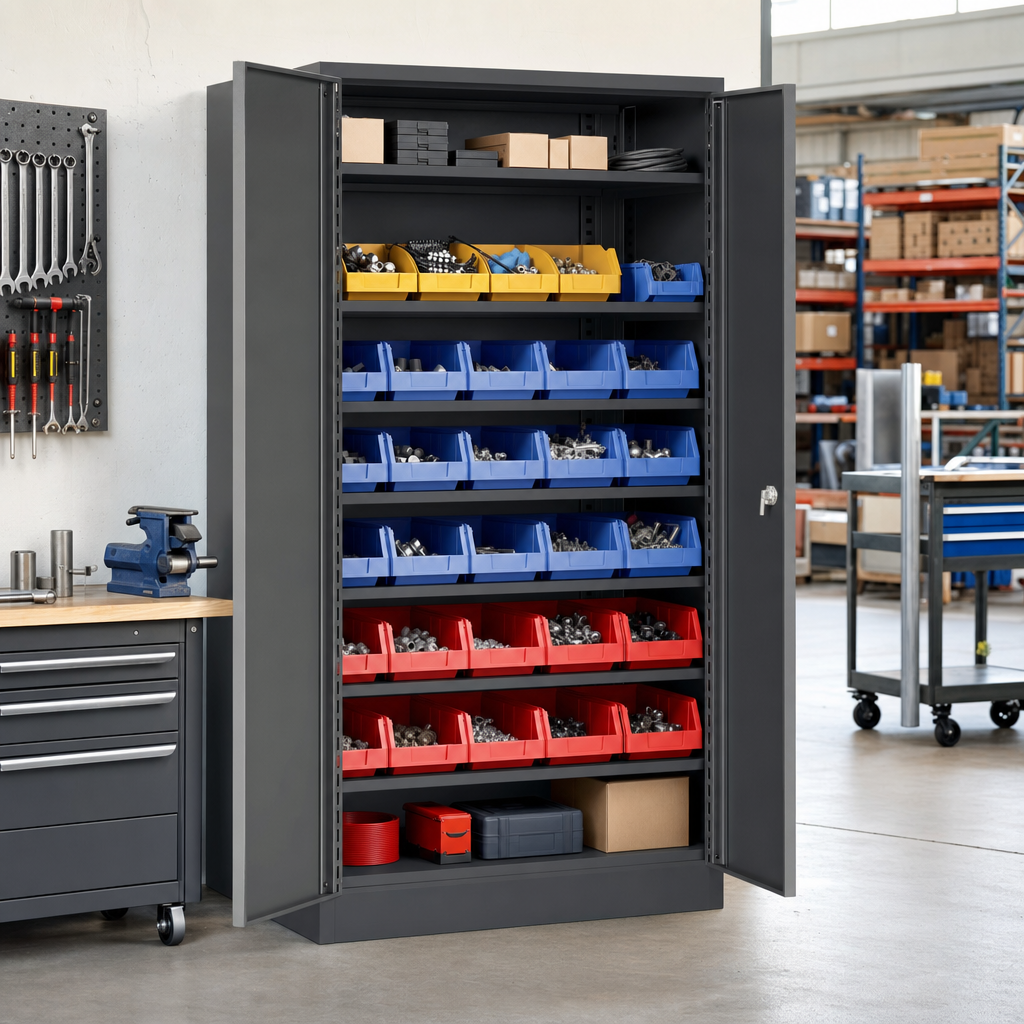 Open Small Parts Cupboard with Bins and Shelves