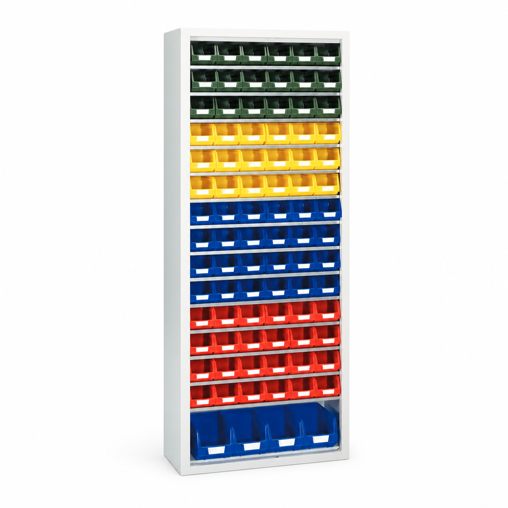 Open Small Parts Cupboard with Bins and Shelves