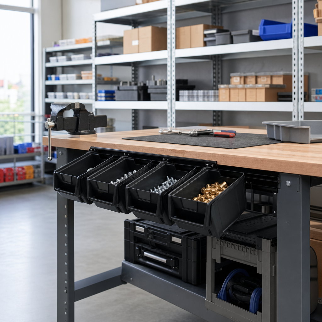 Optional Rail Accessory for Storage Bins on Workbenches
