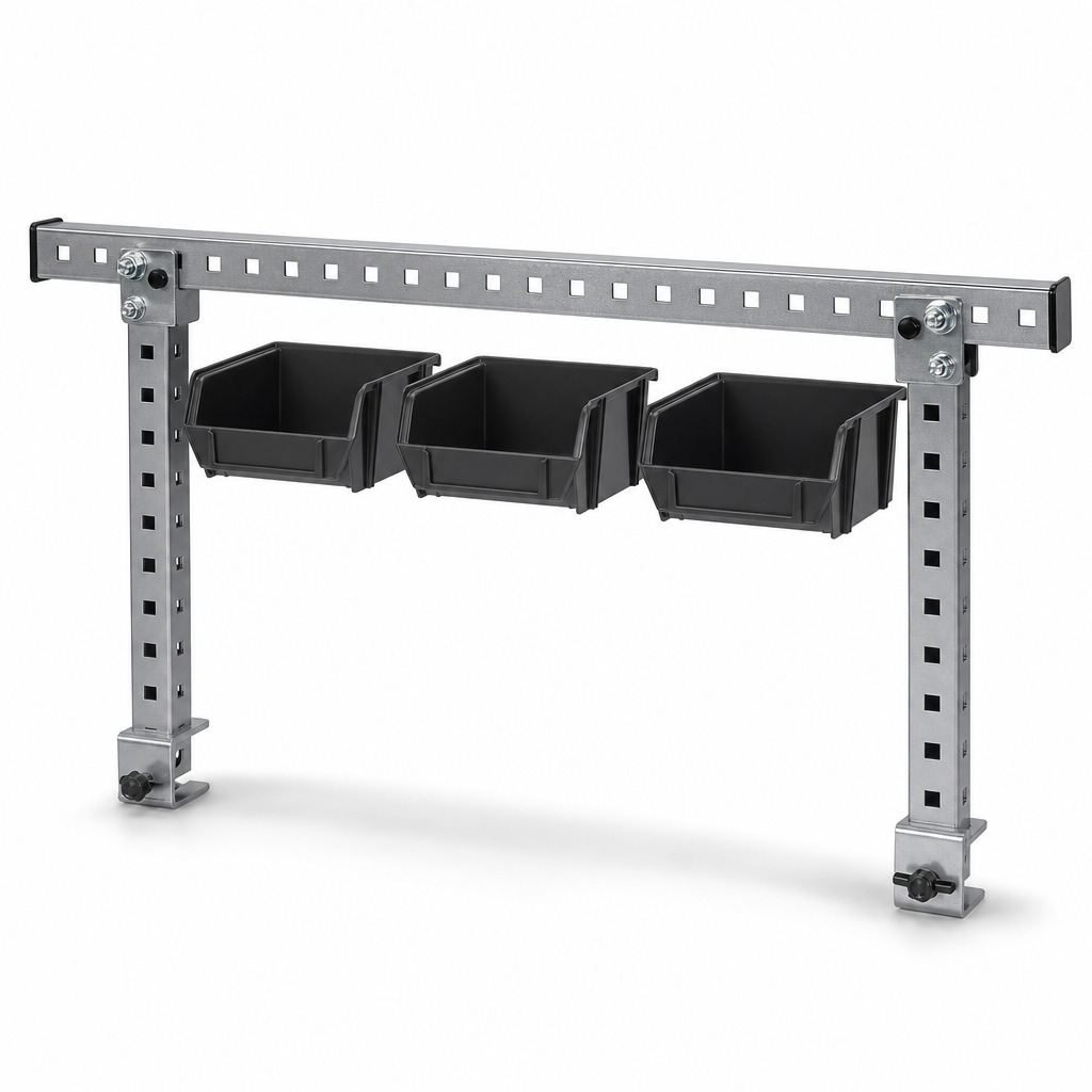 Optional Rail Accessory for Storage Bins on Workbenches
