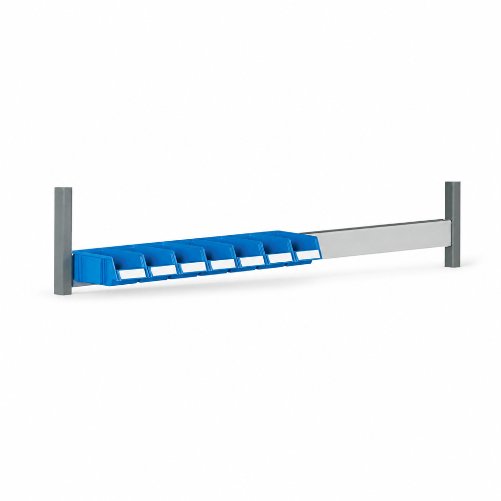 Optional Rail Accessory for Storage Bins on Workbenches