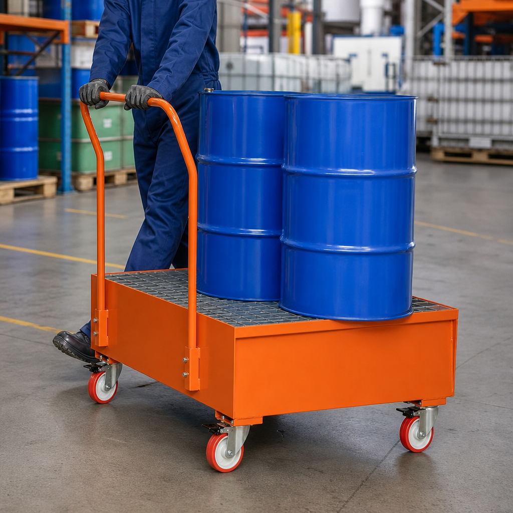 Orange Steel Bunded Spill Trolley for 1–2 Drums