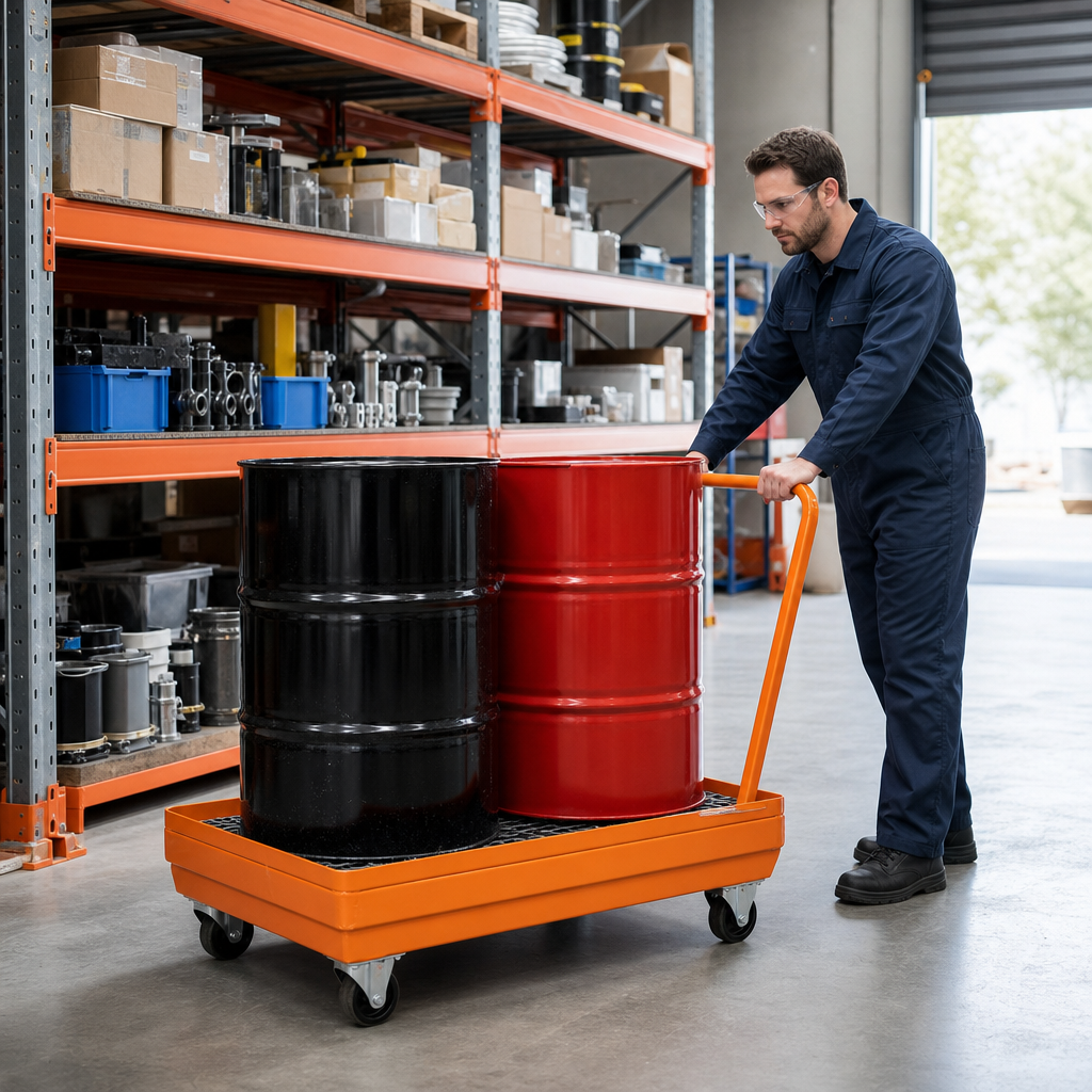 Orange Steel Bunded Spill Trolley for 1–2 Drums