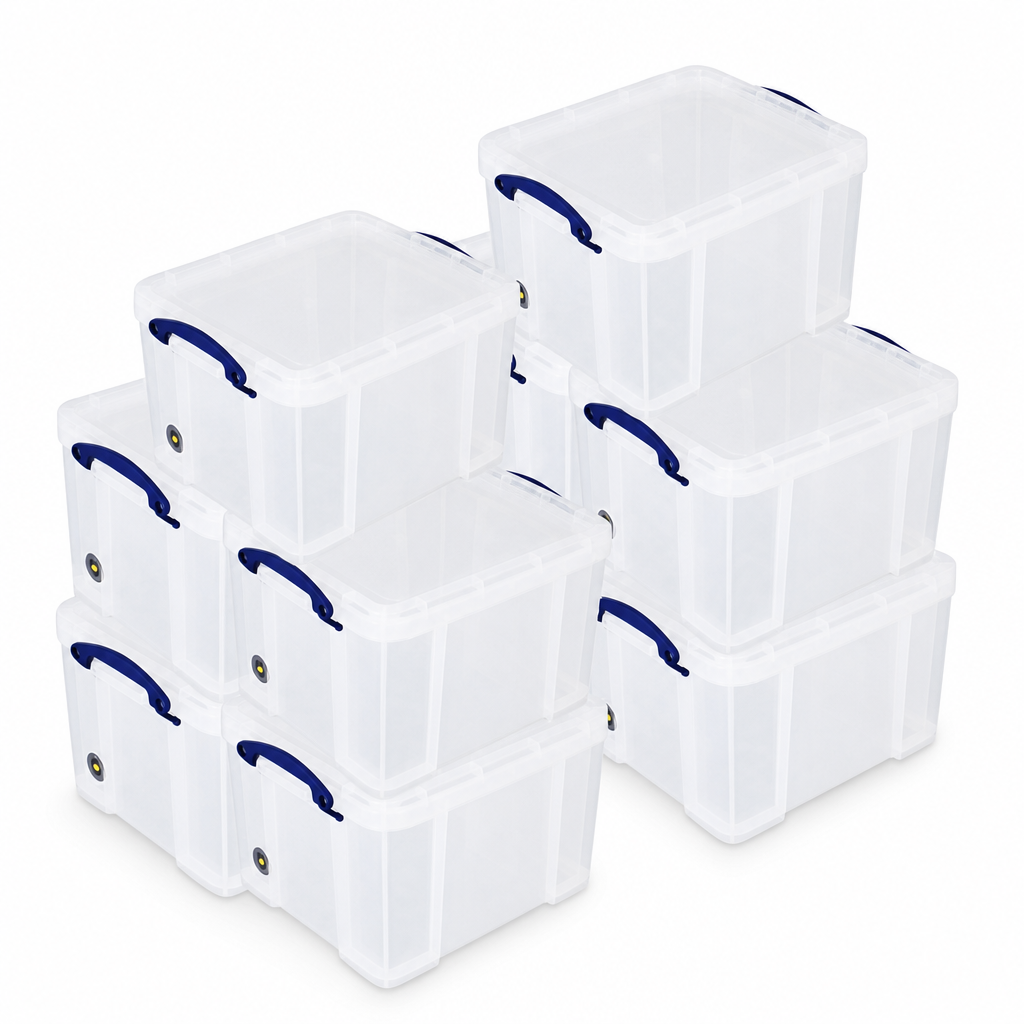 Pack of 10 Clear 35 Litre Storage Boxes with Lids