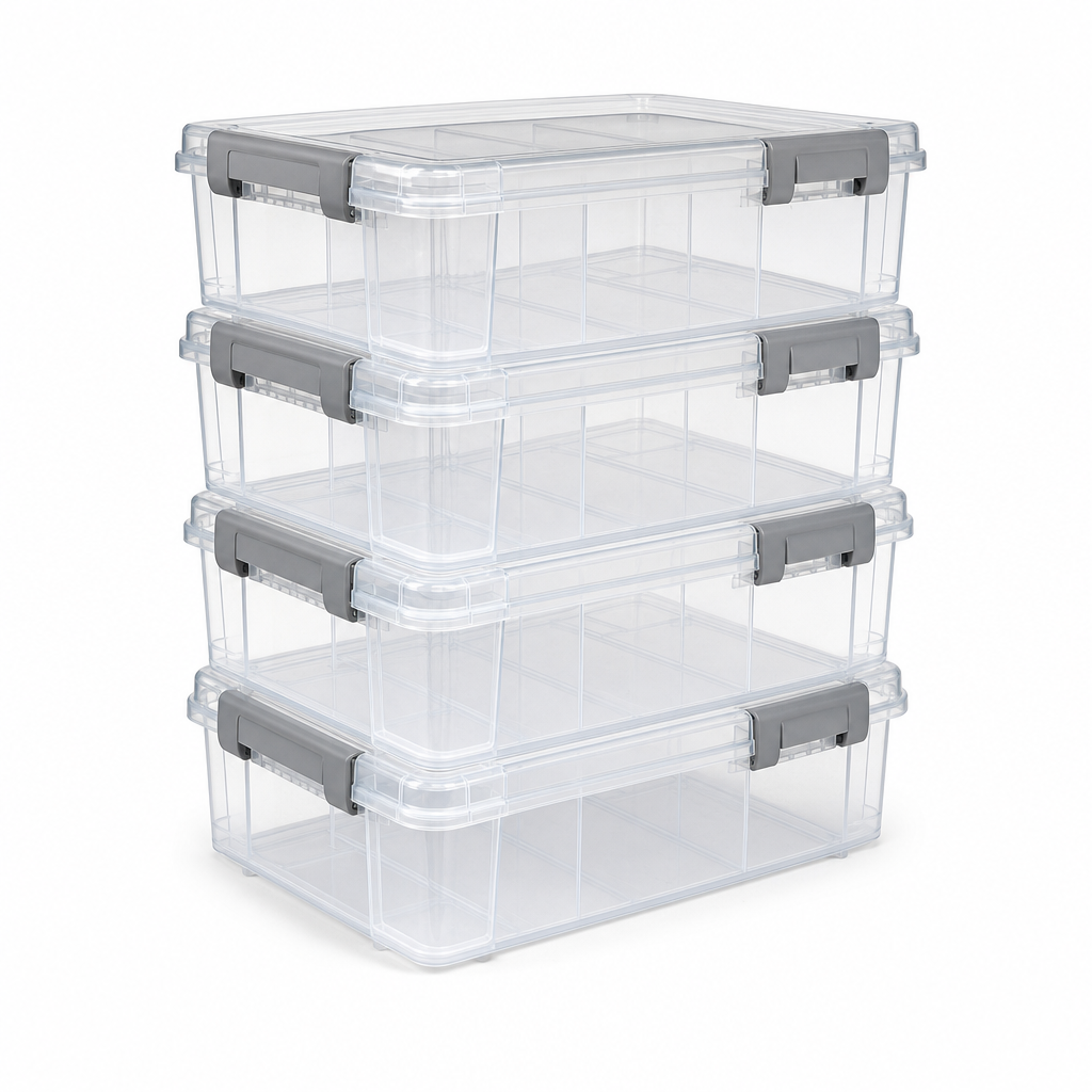 Pack of 4 Clear 4 Litre Storage Boxes with Dividers