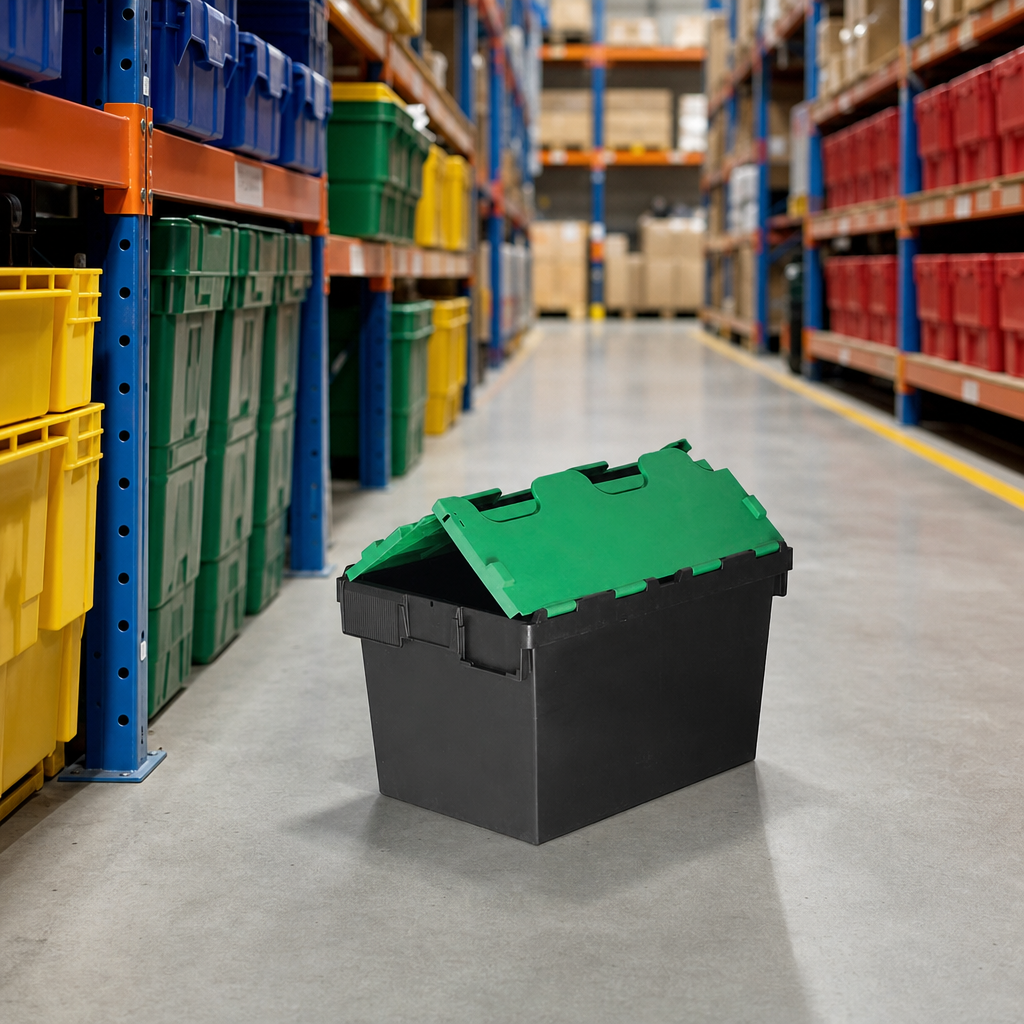 Pack of 5 Black Plastic 56–64L Storage Boxes with Coloured Lids