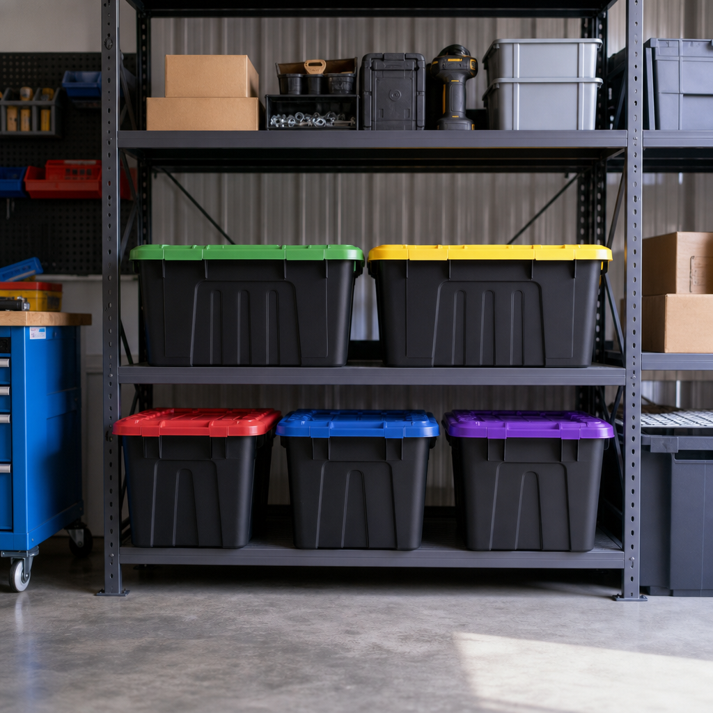 Pack of 5 Black Plastic 56–64L Storage Boxes with Coloured Lids