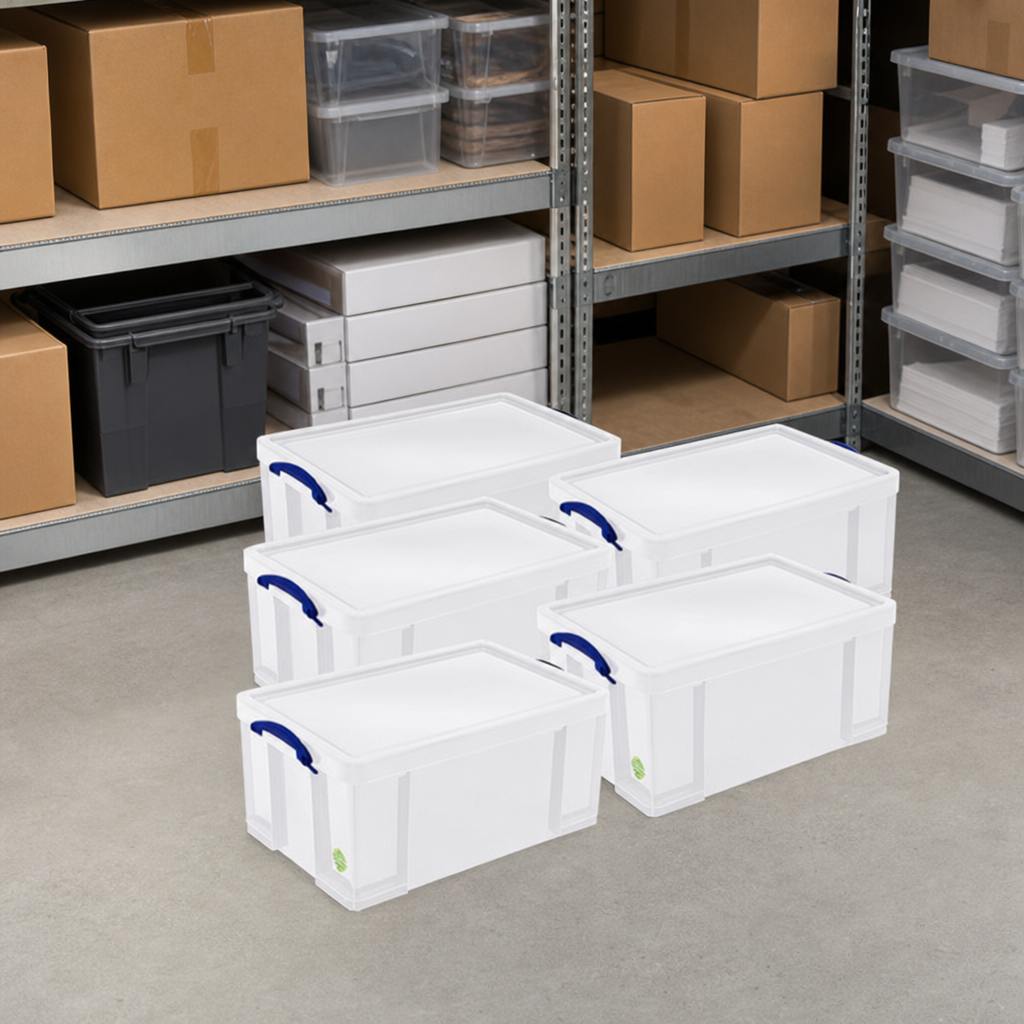 Pack of 5 Clear 64 Litre Storage Boxes with Lids