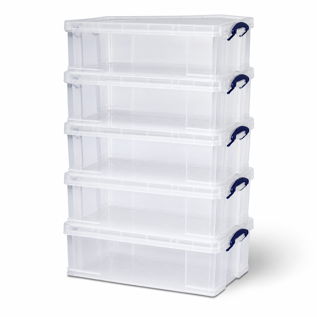 Pack of 5 Clear 64 Litre Storage Boxes with Lids