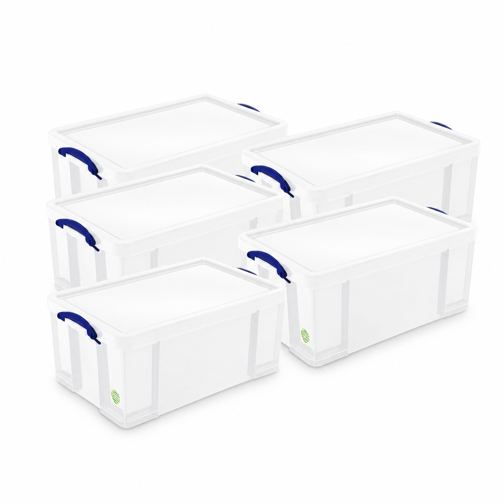 Pack of 5 Clear 64 Litre Storage Boxes with Lids
