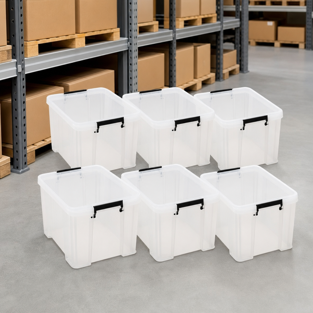 Pack of 6 Clear 36L Plastic Storage Boxes with Grey Handles