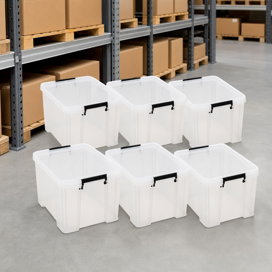 Pack of 6 Clear 36L Plastic Storage Boxes with Grey Handles