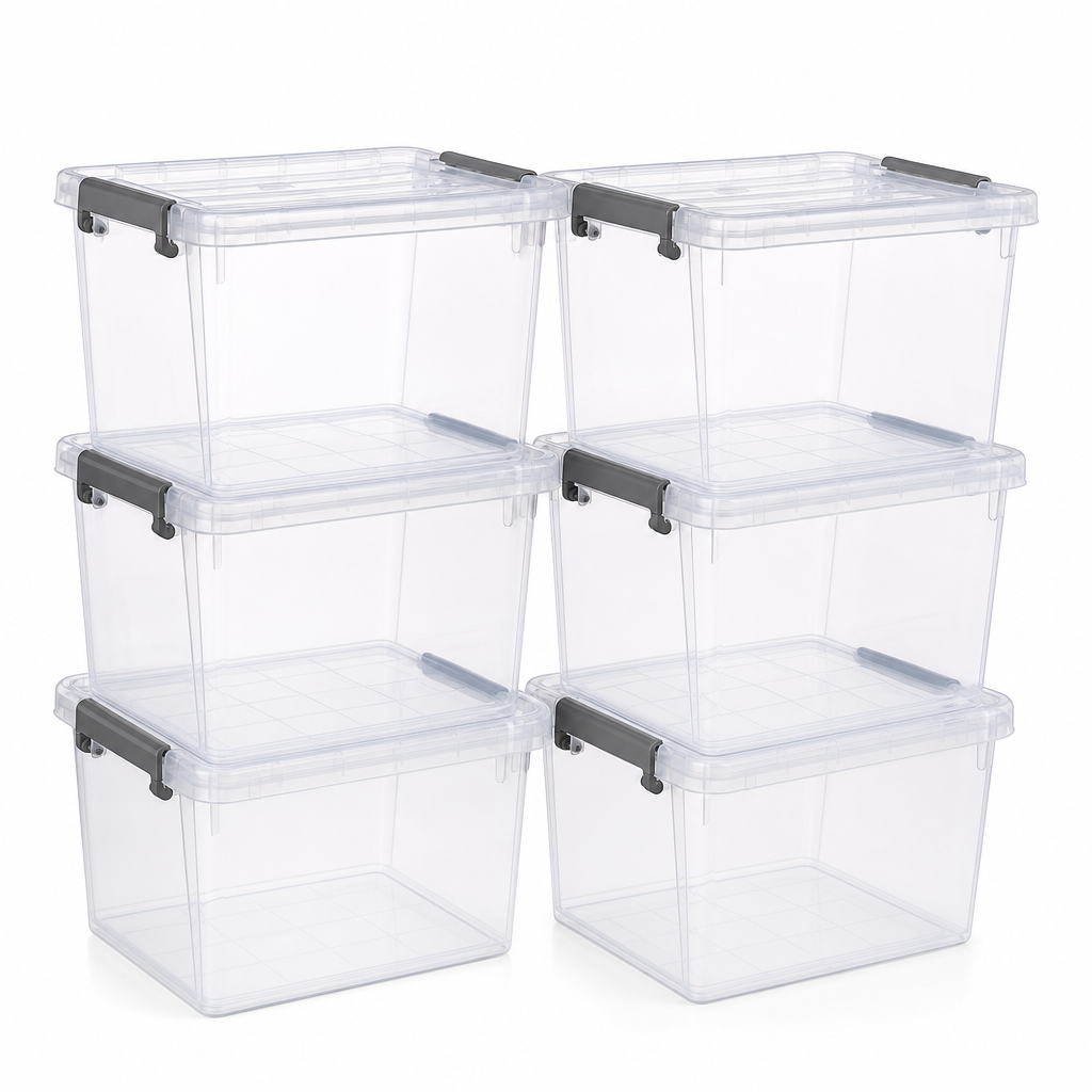 Pack of 6 Clear 36L Plastic Storage Boxes with Grey Handles
