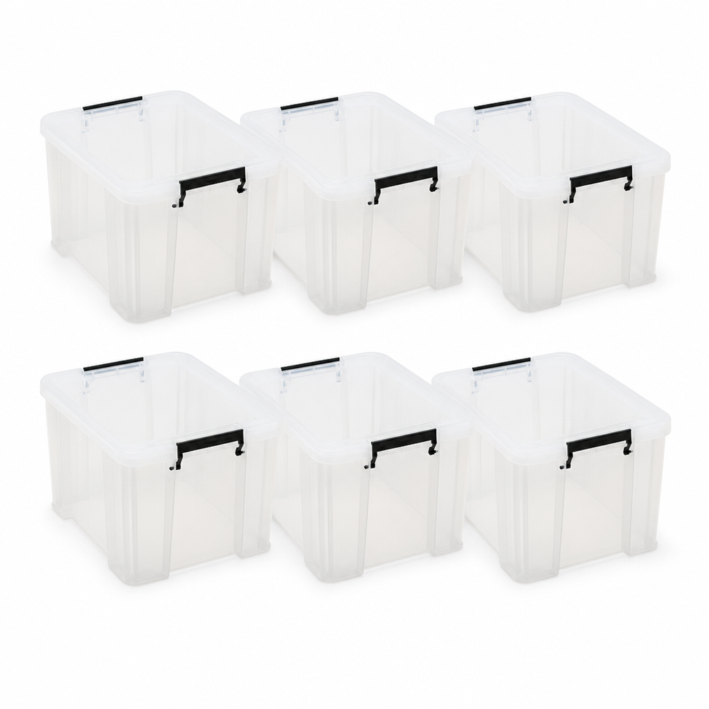 Pack of 6 Clear 36L Plastic Storage Boxes with Grey Handles
