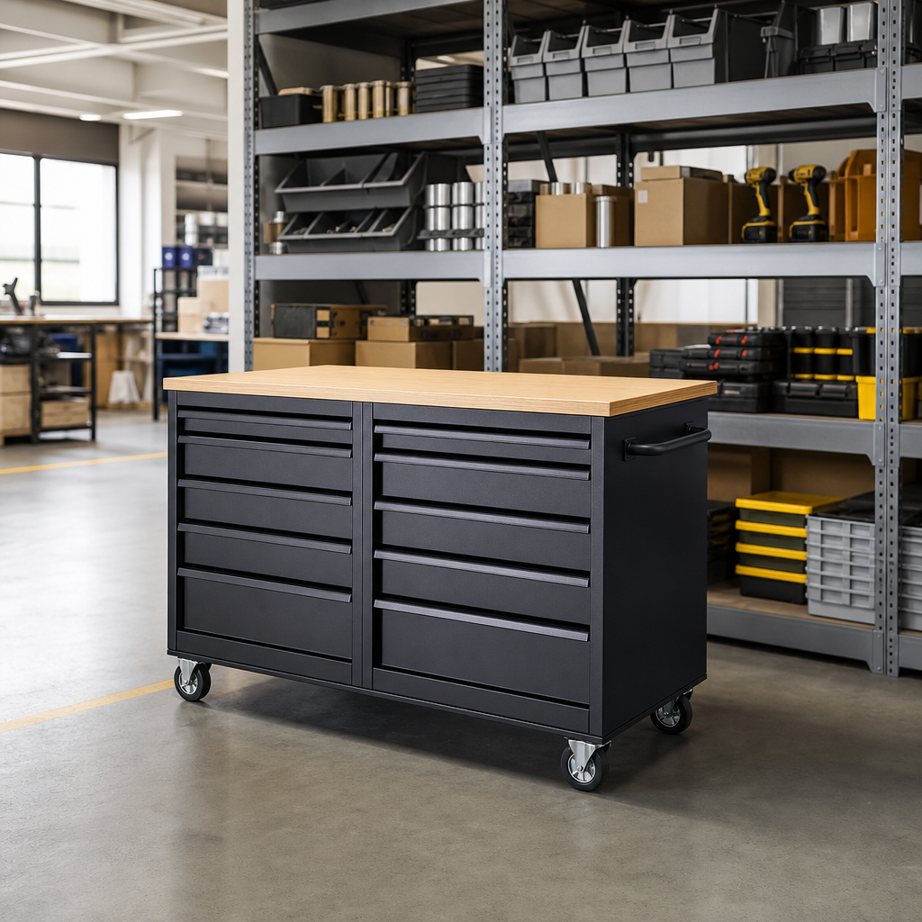 Partitioned 10 Drawer Mobile Storage Cabinet with Worktop